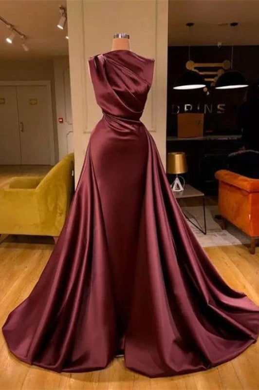 Mermaid Burgundy Long Evening Dress Ruffles Satin Prom Dress