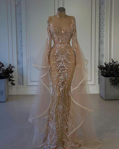Mermaid Dress with Amazing Ruffle Long Sleeves and Tulle Lace