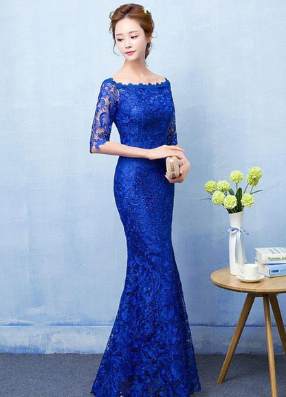 Mermaid Evening Dress Royal Blue Lace Prom Dress Off The Shoulder Half Sleeve Fishtail Maxi Party Dress Wedding Guest Dress