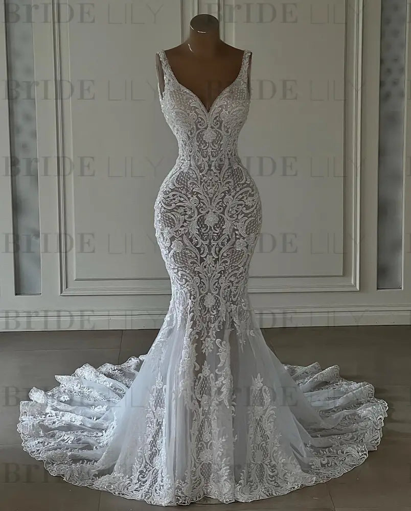 Mermaid Lace Sweetheart Wedding Dress V-neck Long Bridal Dress with Train
