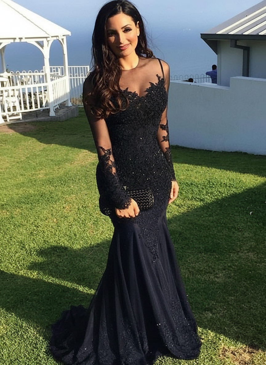 Long Sleeves Sweep/Brush Train Black Prom Dresses With Lace Appliques