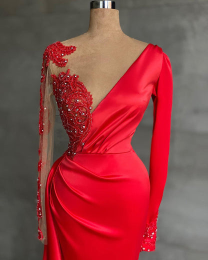 Charming Ruffles Satin Mermaid Prom Dress Red with Long Sleeves
