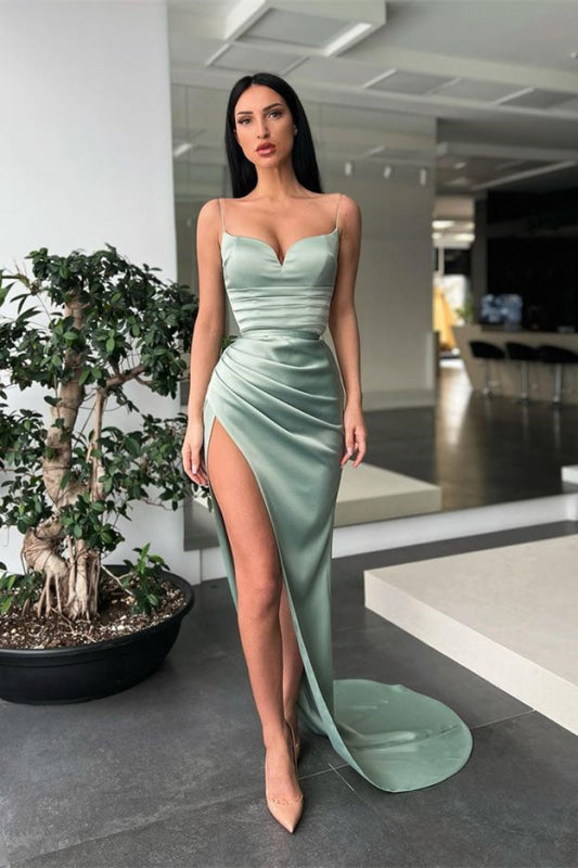 Spaghetti Strap Ruched Satin Mermaid Prom Dress with High Slit