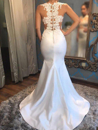 Mermaid Scoop Sleeveless Satin Applique Court Train Wedding Dresses