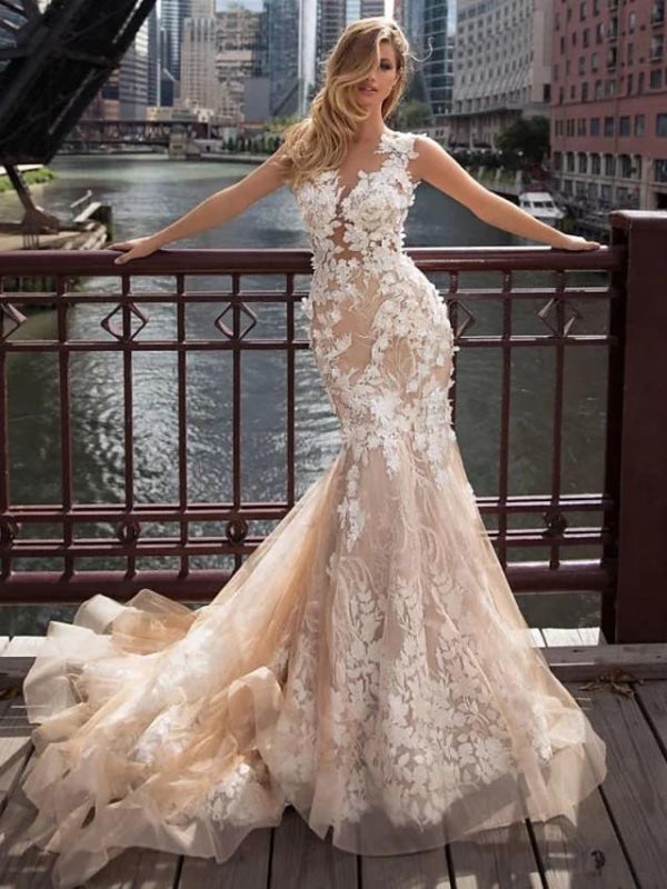 Jewel Neck Mermaid/Trumpet Bridal Dress Chapel Train Lace Tulle Backless Wedding Dresses with Illusion Detail
