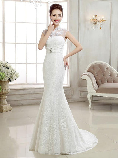 Mermaid \ Trumpet Wedding Dresses High Neck Sweep \ Brush Train Lace Cap Sleeve Sexy Illusion Detail Backless