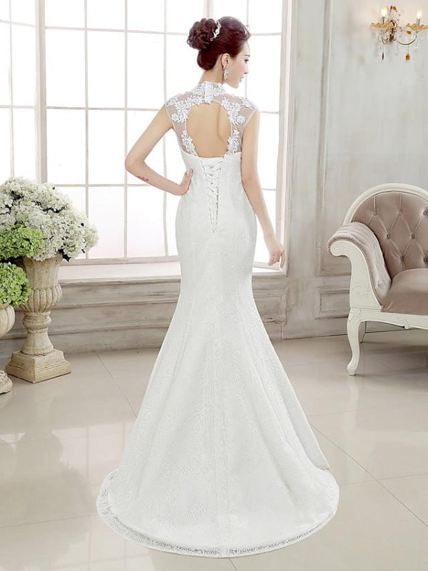 Mermaid \ Trumpet Wedding Dresses High Neck Sweep \ Brush Train Lace Cap Sleeve Sexy Illusion Detail Backless
