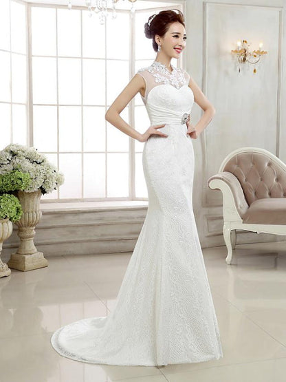 Mermaid \ Trumpet Wedding Dresses High Neck Sweep \ Brush Train Lace Cap Sleeve Sexy Illusion Detail Backless