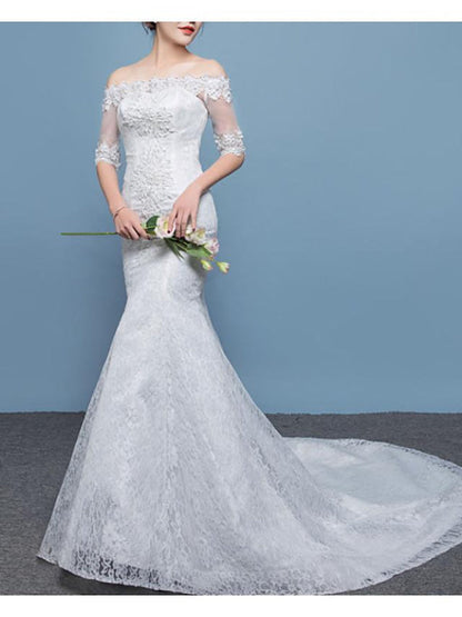 Mermaid \ Trumpet Wedding Dresses Off Shoulder Floor Length Lace Tulle Sleeveless Formal Plus Size