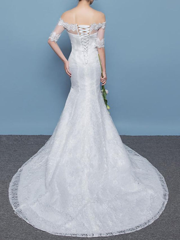Mermaid \ Trumpet Wedding Dresses Off Shoulder Floor Length Lace Tulle Sleeveless Formal Plus Size