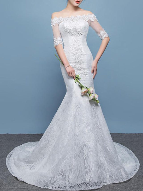 Mermaid \ Trumpet Wedding Dresses Off Shoulder Floor Length Lace Tulle Sleeveless Formal Plus Size