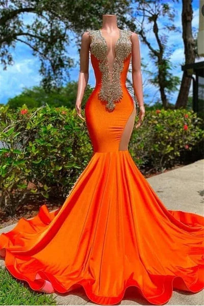 Vintage Burnt Orange Glittering Beaded Prom Dress Evening Gown Mermaid Party Dress Long Formal Dress HZ1024