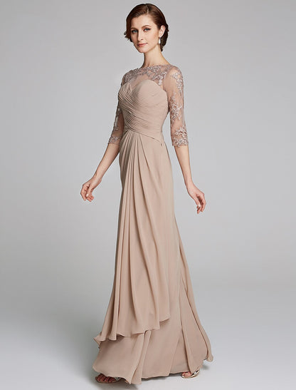 A-Line Mother of the Bride Dress Sparkle & Shine Boat Neck Floor Length Chiffon Lace 3/4 Length Sleeve with Crystals