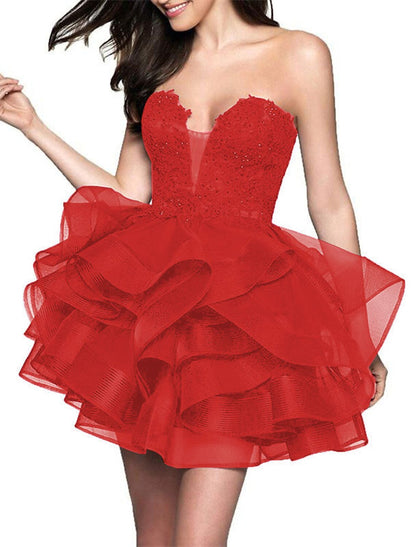 A-Line Cocktail Dresses Minimalist Dress Homecoming Party Wear Short / Mini Sleeveless Strapless Satin with Appliques Tiered