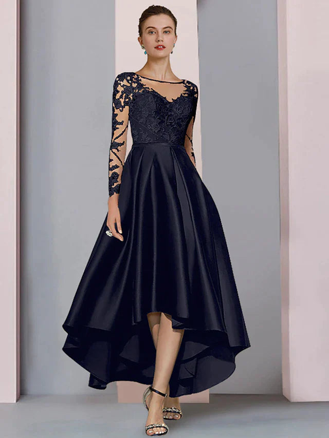 DingjiA-Line Mother of the Bride Dress Wedding Guest Elegant High Low Scoop Neck Asymmetrical Tea Length Satin Lace Long Sleeve with Pleats Beading Appliques