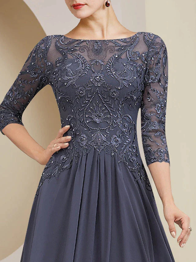 DingjiA-Line Mother of the Bride Dress Formal Elegant Scoop Neck Floor Length Tea Length Chiffon Lace Half Sleeve with Beading Appliques