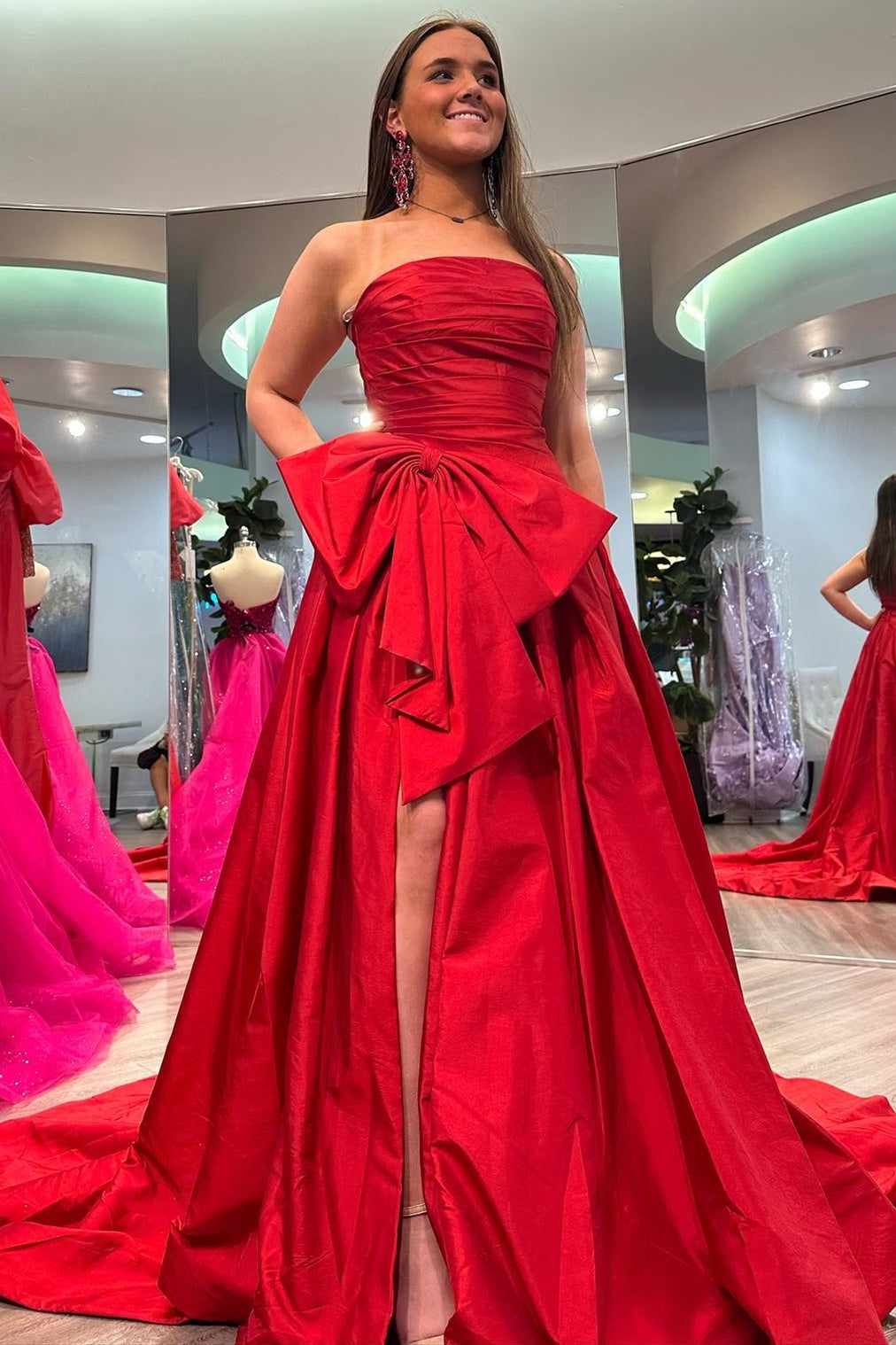 Neon Pink Strapless A-Line Prom Dress with Bow