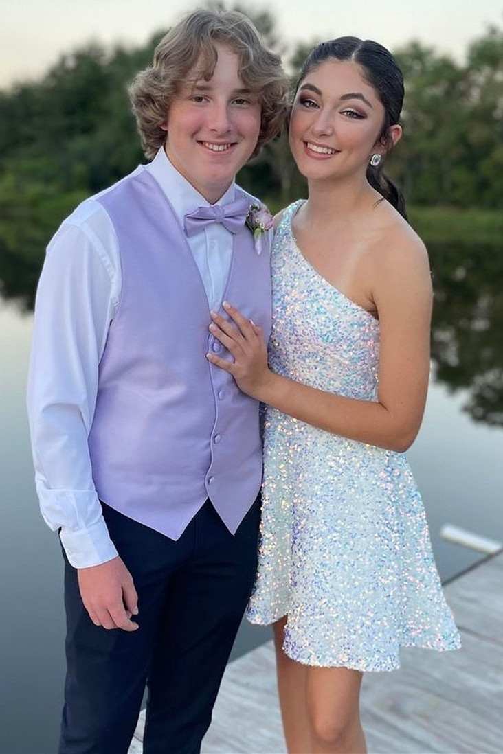 One-Shoulder Purple Sequins A-Line Short Homecoming Dress