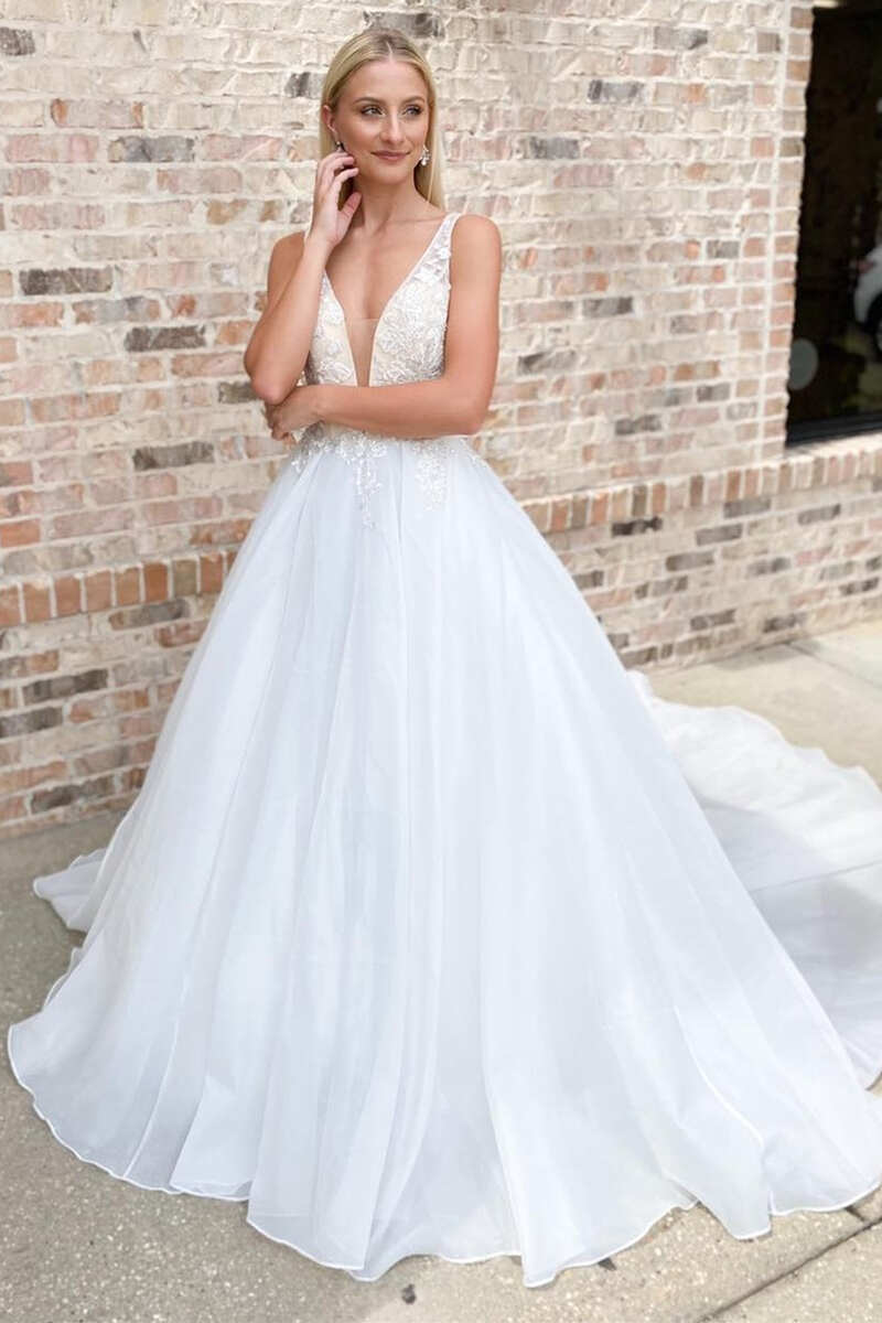 White Lace Plunge V Backless A-Line Long Wedding Dress