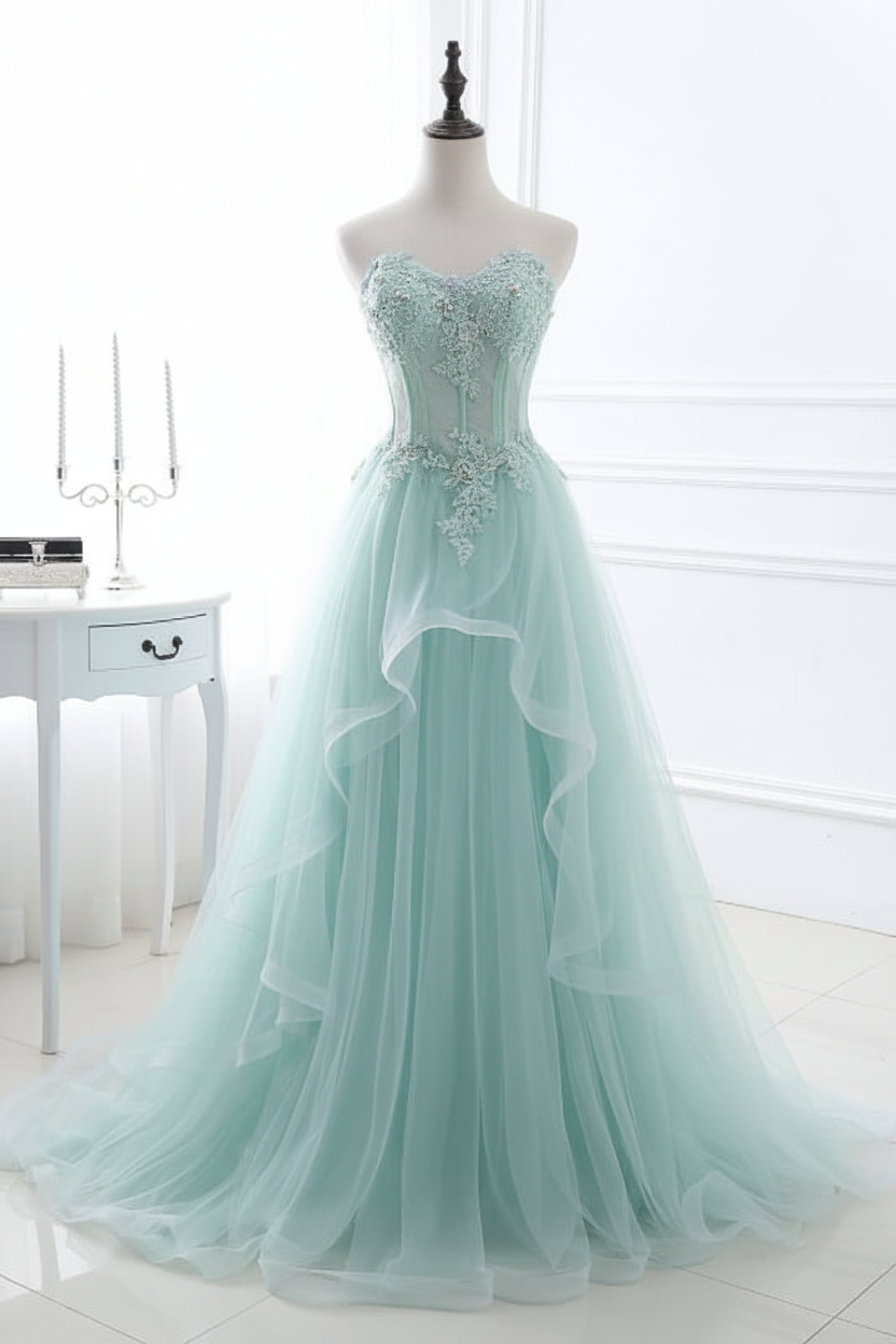 Lace-up Appliques Tulle Long A-line Prom Dress Sky Blue Evening Dress