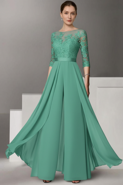 Half Sleeves Chiffon Mother of Bride Jumpsuit with Appliques