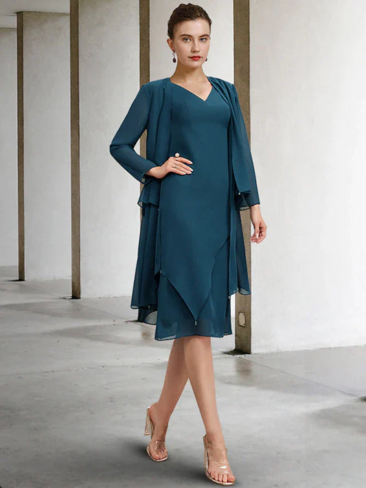 DingjiTwo Piece Sheath / Column Mother of the Bride Dress Church Vintage Elegant V Neck Knee Length Chiffon Sleeveless Wrap Included Jacket Dresses with Draping Tier