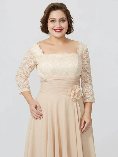 Sheath / Column Mother of the Bride Dress Formal Classic & Timeless Elegant & Luxurious Plus Size Square Neck Floor Length Chiffon Metallic Lace 3/4 Length Sleeve No with Sash / Ribbon Flower