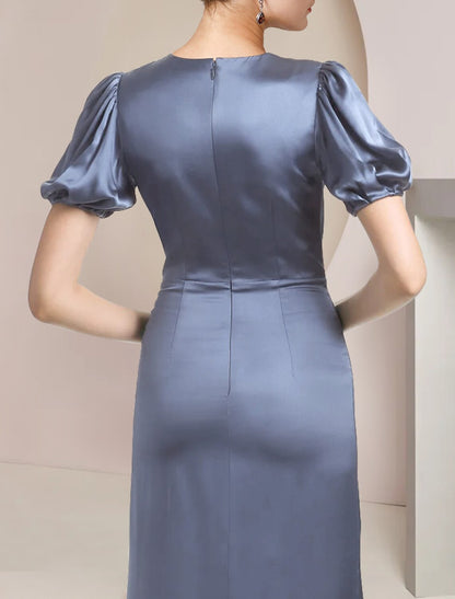 Aimishang A-Line Mother of the Bride Dress Formal Wedding Guest Party Elegant V Neck Sweep / Brush Train Satin Short Sleeve with Cascading Ruffles