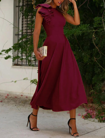 A-Line Cocktail Dresses Minimalist Dress Homecoming Wedding Guest Ankle Length Sleeveless Jewel Neck Fall Wedding Guest  Fabric with Ruffles Pure Color