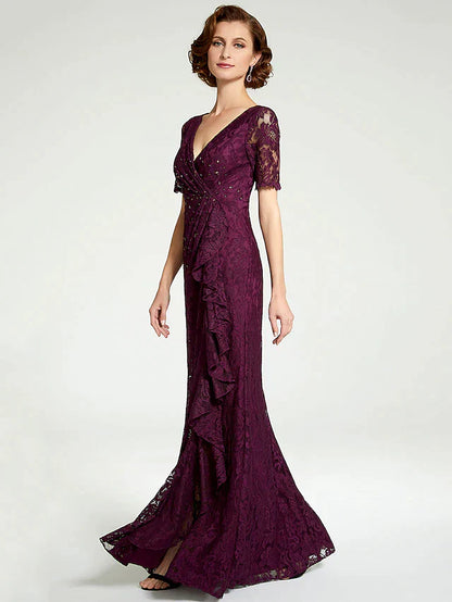 DingjiSheath / Column Mother of the Bride Dress V Neck Floor Length Lace Short Sleeve with Lace Beading