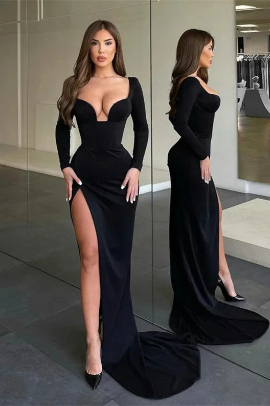 Modern Black Long Sleeves V-Neck Mermaid Evening Party Gowns Slit Online