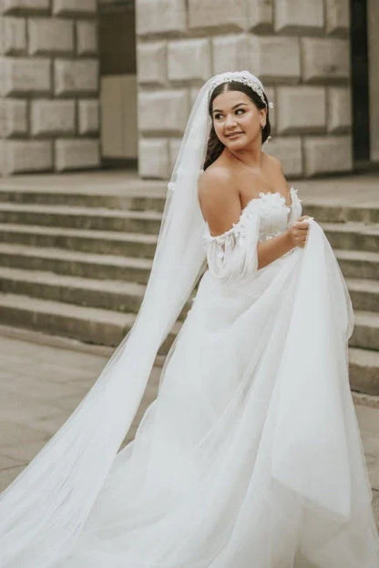 Wedding Dress Off The Shoulder A Line Lace Tulle Bridal Dress Floor Length Elegant