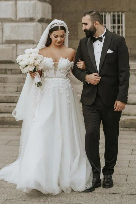 Wedding Dress Off The Shoulder A Line Lace Tulle Bridal Dress Floor Length Elegant