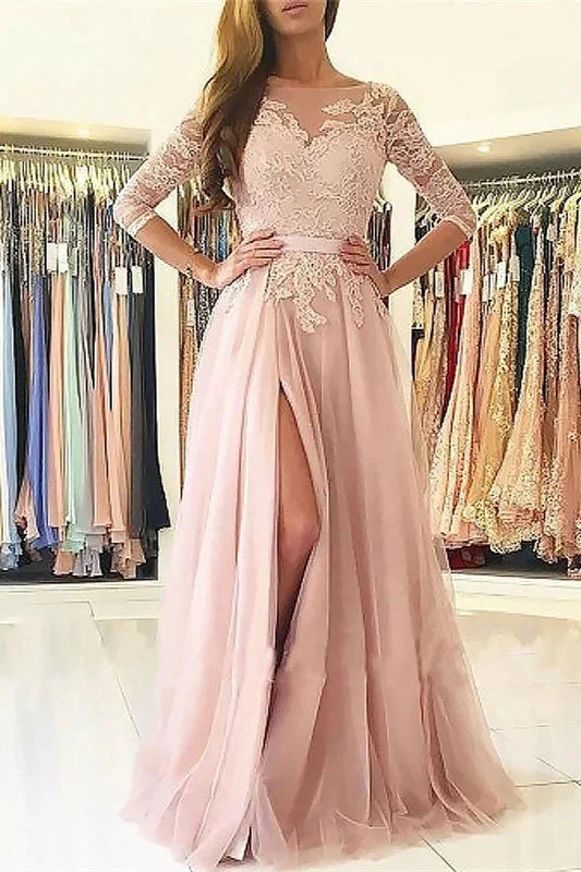 Modern Pink 3/4 Sleeves Appliques Evening Dress With Split