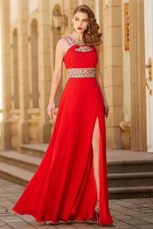 Modern Red Halter Evening Dress Split With Crystals