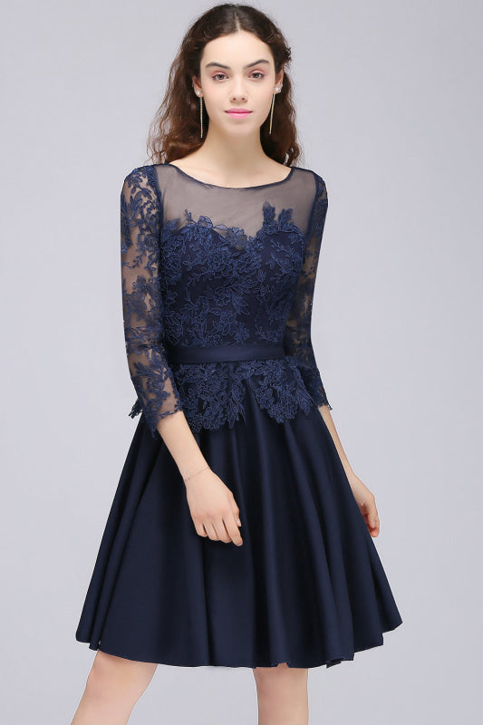 Modest 3/4 Sleeves Short Navy Blue Bridesmaid Dresses Lace Appliques Formal Dress