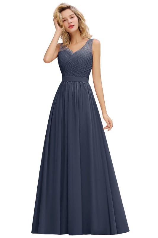 Modest Floral Lace A-line Bridesmaid Dress V-Neck Ruched Chiffon Wedding Guest Dress