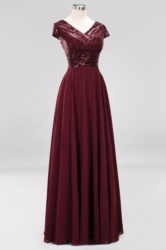 Modest Sequins Aline Chiffon Bridesmaid Dress Burgundy