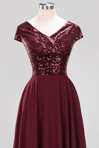 Modest Sequins Aline Chiffon Bridesmaid Dress Burgundy