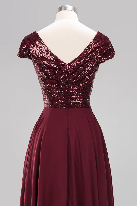 Modest Sequins Aline Chiffon Bridesmaid Dress Burgundy