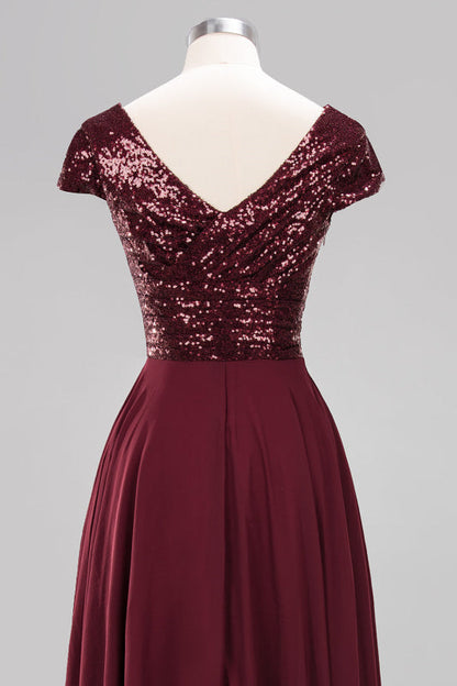 Modest Sequins Aline Chiffon Bridesmaid Dress Burgundy