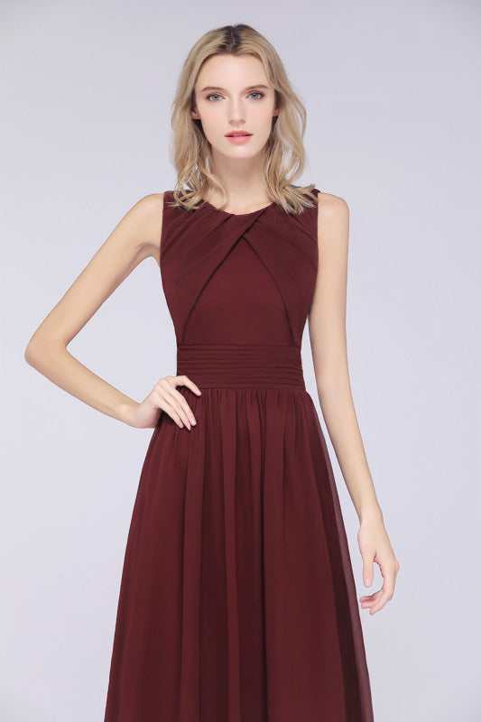 Modest Sleeveless Burgundy Bridesmaid Dresses with Ruffles