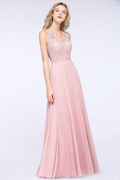 Modest V-Neck Lace Aline Bridesmaid Dresses Chiffon