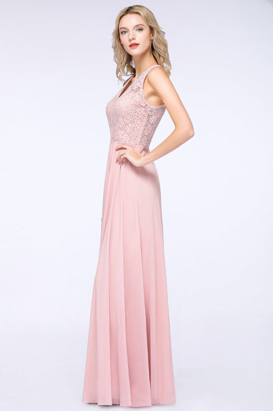 Modest V-Neck Lace Aline Bridesmaid Dresses Chiffon