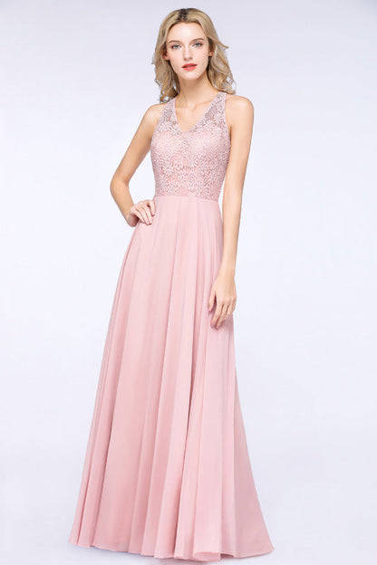 Modest V-Neck Lace Aline Bridesmaid Dresses Chiffon