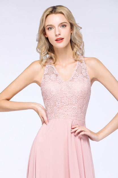 Modest V-Neck Lace Aline Bridesmaid Dresses Chiffon