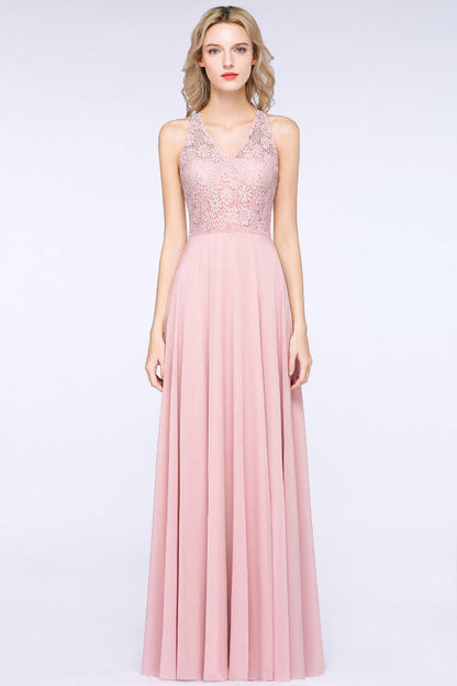 Modest V-Neck Lace Aline Bridesmaid Dresses Chiffon
