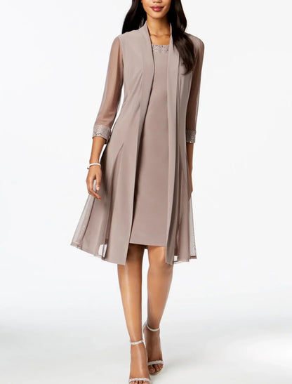 Two Piece Sheath / Column Mother of the Bride Dress Wedding Guest Elegant Jewel Neck Knee Length Chiffon Sleeveless Wrap Included Jacket Dresses with Sequin Ruching