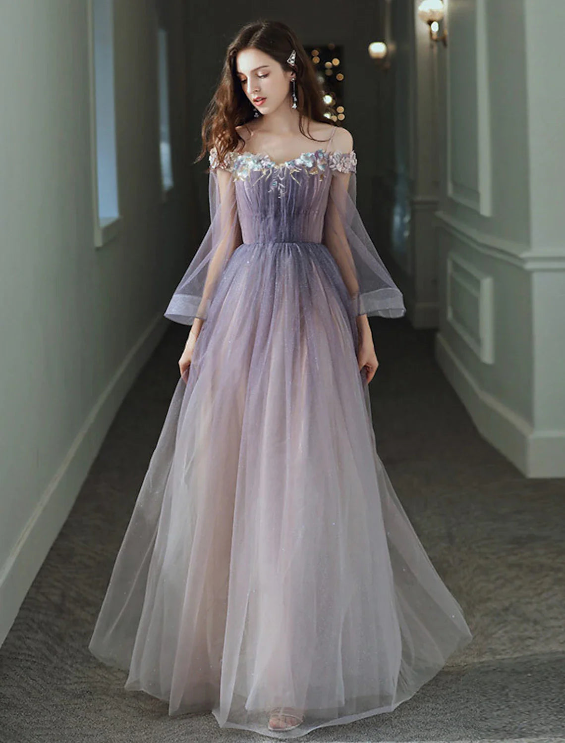 Aimishang A-Line Minimalist Elegant Party Wear Prom Dress Off Shoulder Long Sleeve Floor Length Tulle with Appliques