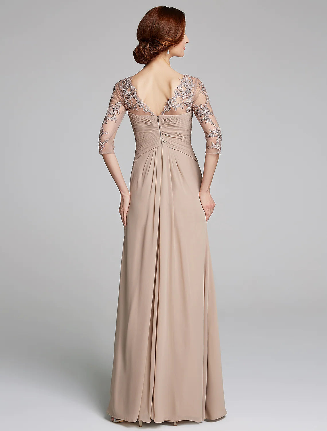 A-Line Mother of the Bride Dress Sparkle & Shine Boat Neck Floor Length Chiffon Lace 3/4 Length Sleeve with Crystals